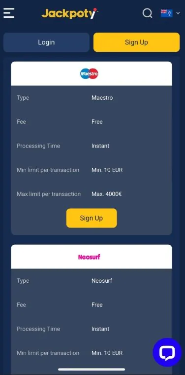 Payment methods in the Jackpoty App